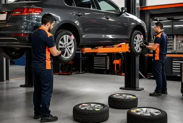 Mecânicos realizando rodízio de pneus em uma borracharia em Poá.