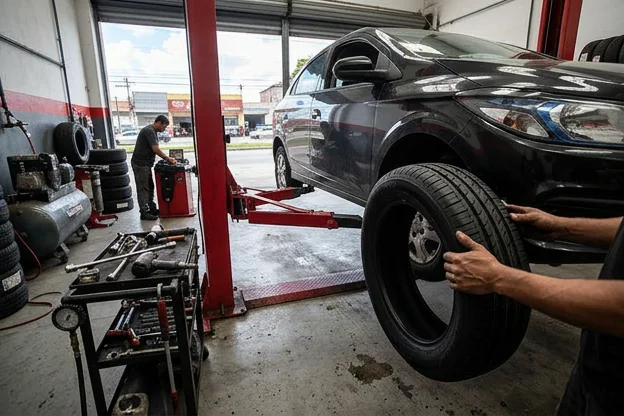 Pneus bem cuidados de um carro em uma borracharia em Poá.