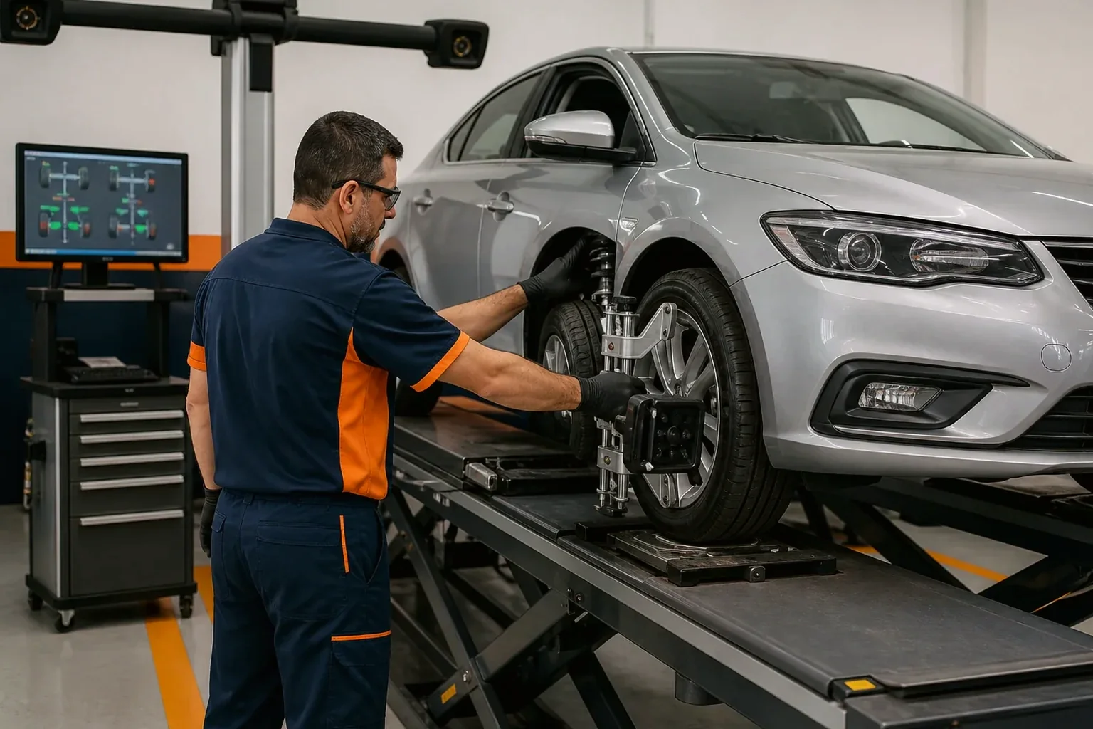 Profissional alinhando as rodas de um carro em Poá.