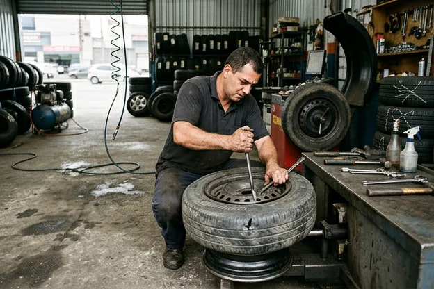 Profissional examinando um pneu danificado em Poá.